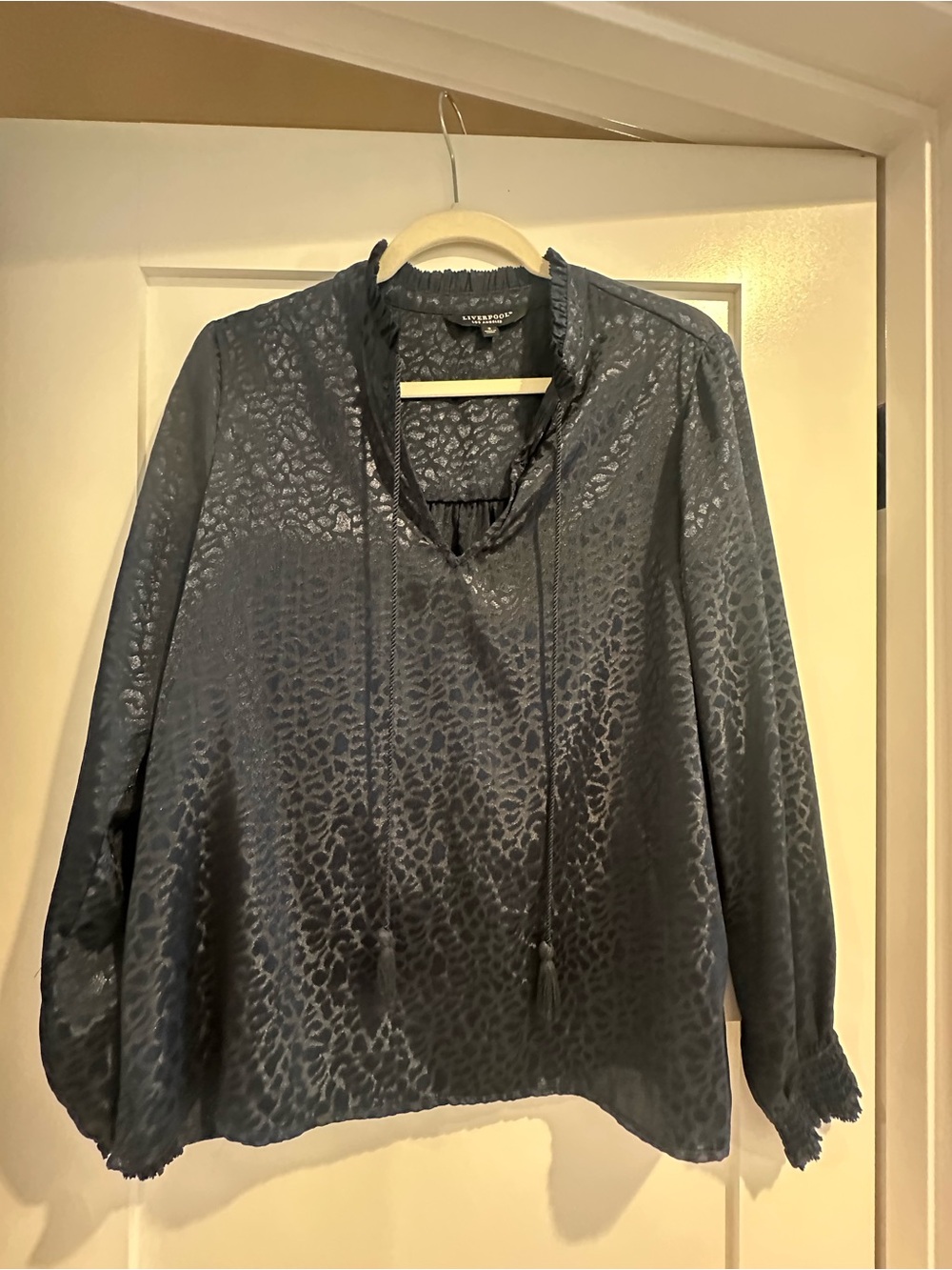 Liverpool Navy Blue Leopard-Texture Satin Blouse with Tassel Tie